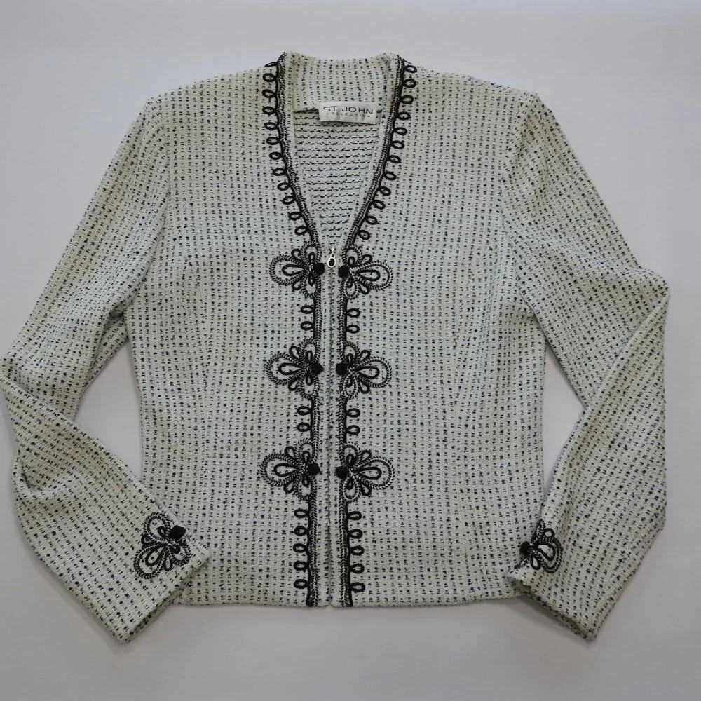 Vintage St John Collection Tweed Suit Sz 4 Made USA Navy White Black Accent - Picture 11 of 16